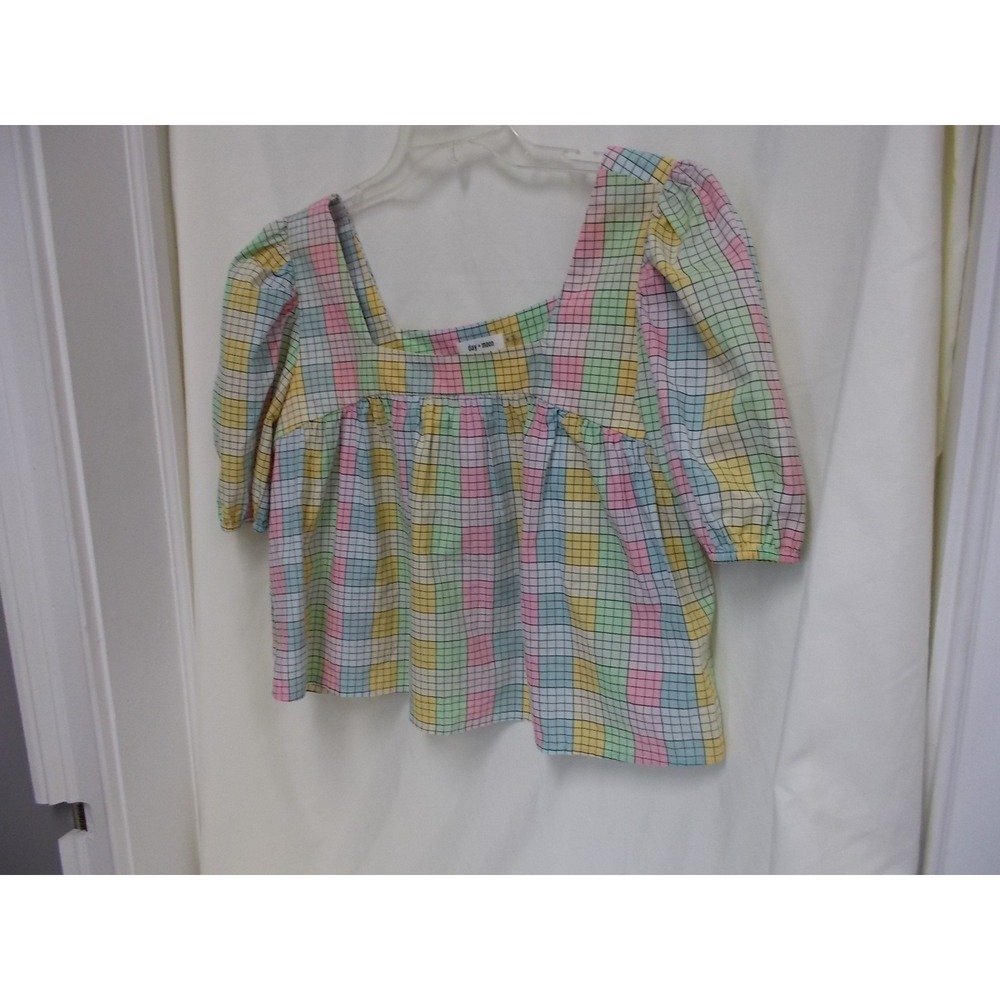 Day + Moon Women Pastel Plaid Puff Sleeve Square Neck Babydoll Blouse Medium